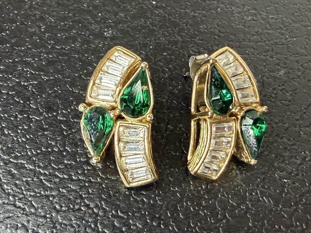 VTG Park Lane CZ & Simulated Emerald Pierced Earrings Gold Tone Glamour Signed